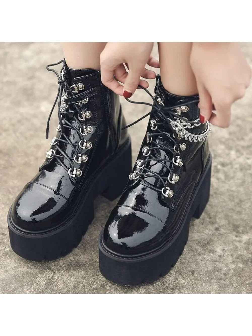 Women's Black Rubber Platform Chunky Wedge Lace Up Chain Zipper Ankle Booties